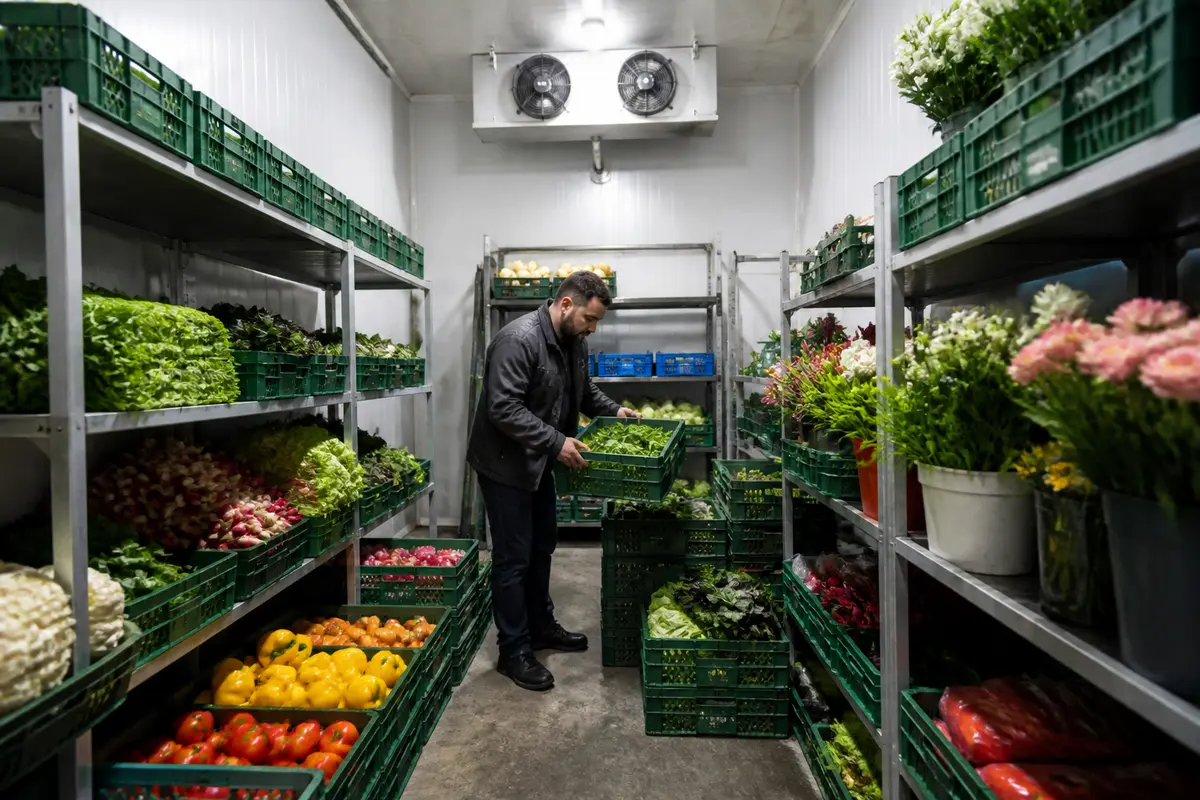 Homme organisant légumes frais dans chambre froide à température régulée pour conservation optimale