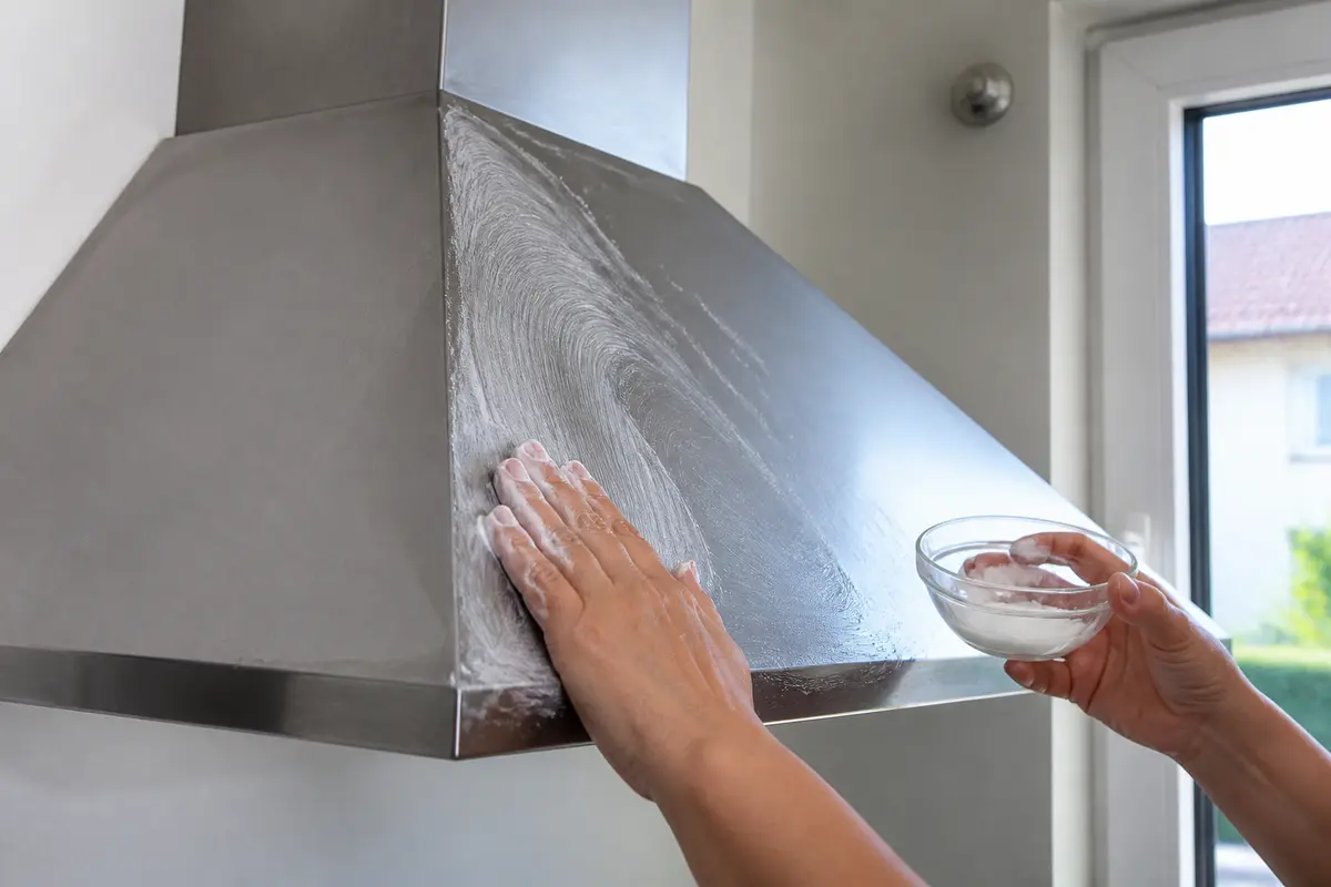 Nettoyage manuel d'une hotte en inox avec produit naturel dans une cuisine lumineuse.